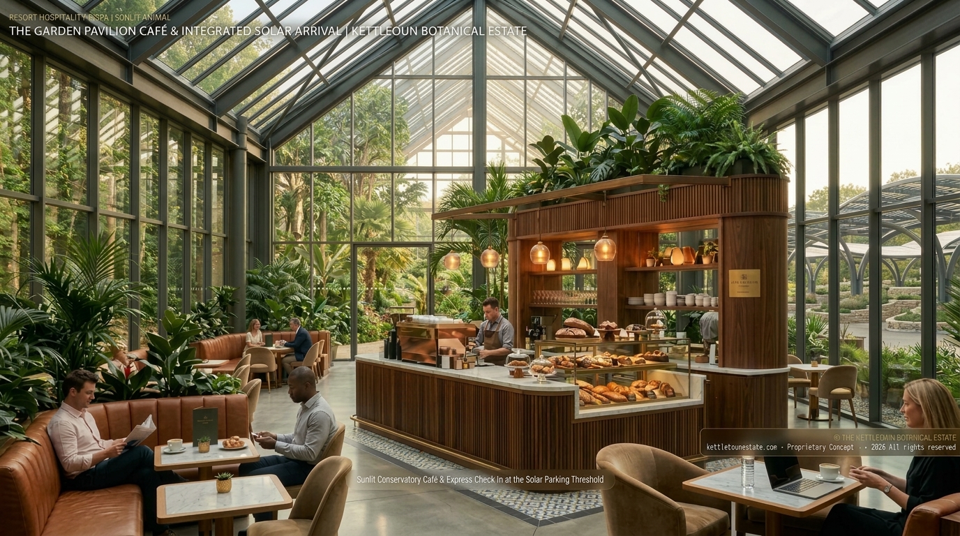 The Garden Pavilion Café connecting the solar canopy parking lot to the hotel and attached greenhouse