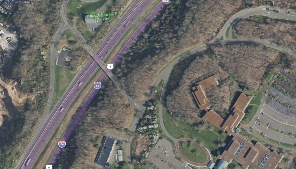 Official Satellite View — I-84 Exit 15 Dedicated Ramp & Kettletown Rd Campus Entrance